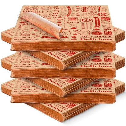 600 Pcs 12 x 12 Inch Deli Wax Paper Sheets Grease Resistant Tray Basket Liners Newsprint Paper Water and Grease Proof Sandwich Wrapping Square Hot Dog Wrappers for Food Baking (Red on Brown) - color: Red on Brown