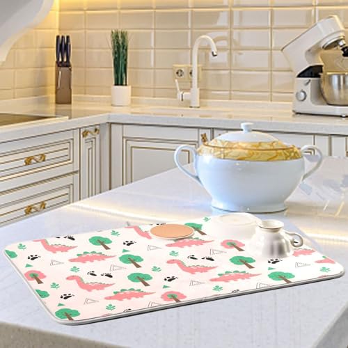Dinosaur Tree Pink Dish Drying Mat for Kitchen Counter Super Absorbent Draining Mat with Non-slip Backed Sink Mats for Draining Racks Countertops Sinks Dish Bottles Cups Bowl