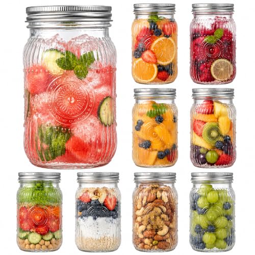 SUT Clear Wide Mouth Mason Jars 32 oz,9 Pack Quart Mason Jars With Airtight lids and Bands,Clear Canning Jars 32 oz for Preserving,Meal Prep,Overnight Oats - color: Flower