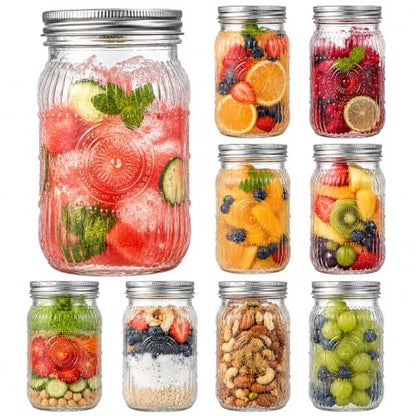 SUT Clear Wide Mouth Mason Jars 32 oz,9 Pack Quart Mason Jars With Airtight lids and Bands,Clear Canning Jars 32 oz for Preserving,Meal Prep,Overnight Oats - color: Flower