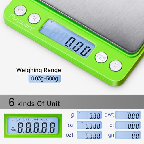 Fuzion Digital Scale .01 Gram Accuracy, 500g Mini Food Scales for Small Jewelry, Gold, Herb, Spice - Weight Gram and Oz - color: Green