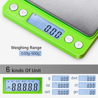 Fuzion Digital Scale .01 Gram Accuracy, 500g Mini Food Scales for Small Jewelry, Gold, Herb, Spice - Weight Gram and Oz - color: Green