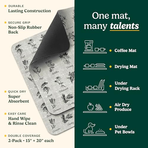 Cuisinart Coffee Mat for Countertop (2 Pack)–Quick-Dry Absorbent Coffee Bar Mat for Espresso Machines & Brew Stations, Also Use as a Dish Drying Mat on Kitchen Counter, Non-Slip, Easy Care, 15” x 20” - color: Herbs