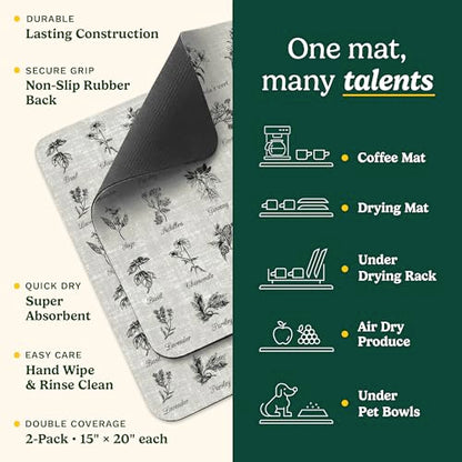 Cuisinart Coffee Mat for Countertop (2 Pack)–Quick-Dry Absorbent Coffee Bar Mat for Espresso Machines & Brew Stations, Also Use as a Dish Drying Mat on Kitchen Counter, Non-Slip, Easy Care, 15” x 20” - color: Herbs