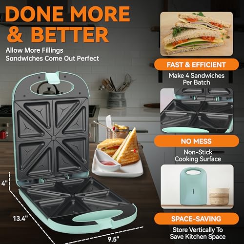 Baker’s Friend Breakfast Sandwich Maker, 4 Slices of Panini Grill Press Sandwich Maker, Electric Sandwich Maker with Indicator Light, Grill Cheese & Egg Muffin Sandwich Maker, Aqua - color: Sandwich Maker (Aqua)