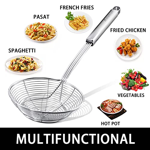 Anaeat Stainless Steel Spider Strainer Skimmer - Solid Kitchen Strainer Ladle with Long Handle for Cooking and Frying, Reinforced Double Coil Slotted Spoons for Pasta, Noodle, Spaghetti (7 Inch) - color: Double Coil 7 Inch