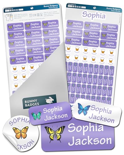 Bunny Badges Personalized Daycare Name Labels for Kids (130 Labels) - Custom Waterproof Name Stickers for Clothing Tags, Water Bottles, Lunch Boxes and School Supplies (Butterflies) - color: Butterflies
