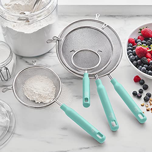 GreenLife Cooking Tools and Utensils, 4 Piece Extra Fine Stainless Steel Mesh Strainer Kitchen Set, Stay Cool Handles, Dishwasher Safe, BPA-Free, Turquoise - color: Turquoise, size: 4 Piece Stainless Steel Mesh Strainer Set