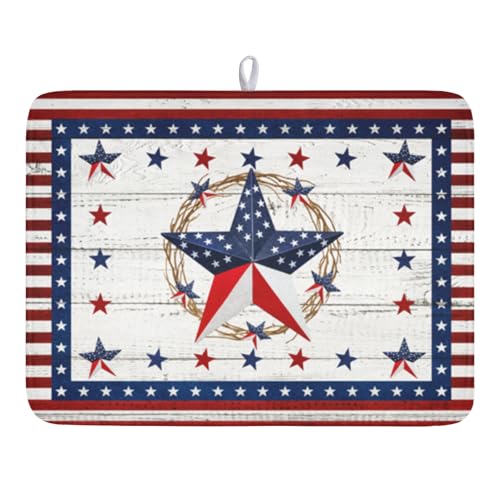 4th of July Patriotic Dish Drying Mat for Kitchen Counter Vintage Red and Blue Star Microfiber Dish Drainer Mat Country Absorbent Washable Drying Pad Extra Large 18"x24" - color: Patriotic Star, size: 24" x 18"