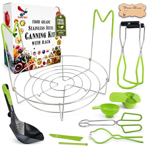 Supa Ant Complete Canning Starter Kit – 10pc Food-Grade Steel Set with XL Ladle, 6 Measuring Cups, Jar Lifter, Wide Mouth Funnel, Canning Rack (7-Jar Capacity) & 90 Labels –Beginner-Friendly, Green - color: Bright Green