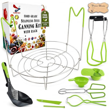 Supa Ant Complete Canning Starter Kit – 10pc Food-Grade Steel Set with XL Ladle, 6 Measuring Cups, Jar Lifter, Wide Mouth Funnel, Canning Rack (7-Jar Capacity) & 90 Labels –Beginner-Friendly, Green - color: Bright Green