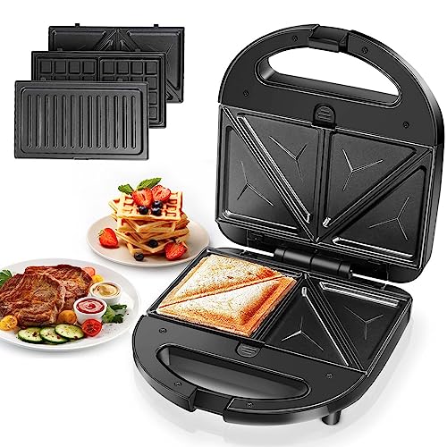 Aigostar Sandwich Maker Panini Press Grill, 3 in 1 Waffle Maker with Removable Non-stick Plates, Electric Grilled Cheese Maker, Portable Cool Touch Handle, Led Indicator Lights & Easy to Clean, 750W - color: Black