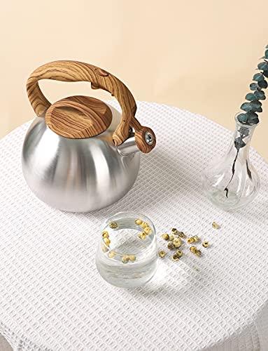 BELANKO 2.7 Quart Tea Kettle for Stovetops - Food Grade Stainless Steel Teapot with Loud Whistle, Cool-Touch Wood Pattern Handle, Rust-Resistant Whistling Kettle - Classic Silver - color: Classic Silver