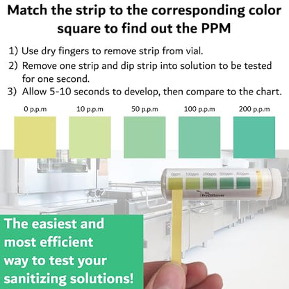 100 Pack Quat Sanitizer Test Strips for Sanitizing Solution – Quaternary Food Service Test Kit for Restaurant Kitchen - QAC QR5 0-500 ppm - 1 x 100-Strip Vials (1 Pack) by FryOilSaver Co.