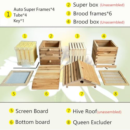 Beehive Nuc Box, Auto Beehive, Cedarwood Bee Hive with 4pcs Auto Honey Frames,6pcs Brood Frames, 1pcs Bamboo Queen Excluder, Easy Assembly Ideal for Beginners