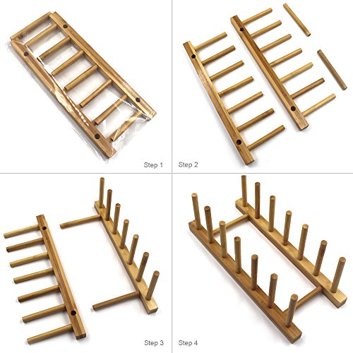 Bamboo Wooden Plate Racks Dish display Holder Kitchen Storage, Pack of 4 | Cabinet Organizer for Dish / Plate / Bowl / Cup / Pot Lid / Cutting Board/ Book (vertical) - size: Pack of 4