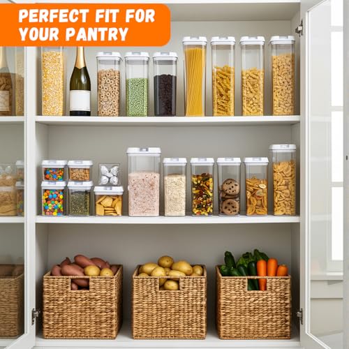 Clear Airtight Food Storage Containers, 7-Piece Set | BPA-free plastic kitchen pantry organization canisters. Stackable design ideal for cereal, spaghetti, and pasta storage.