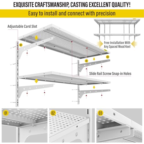 Aecxm 2-Pack 2 Tier 1.3x3ft Garage Shelving Wall Mounted, 500lbs Load Capacity，15.6x36inch per Shelf Height Cassette Adjustable Floating Shelves White - color: White, size: 4pack-1.3x3ft