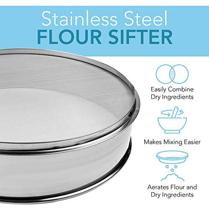 Vollum Stainless Steel Flour Sifter Fine Mesh Round Flour Sieve for Baking 14" Diameter x 2.88" High; 20 Mesh (Hole Size 0.85mm) - size: 14" Dia. x 2.88" High