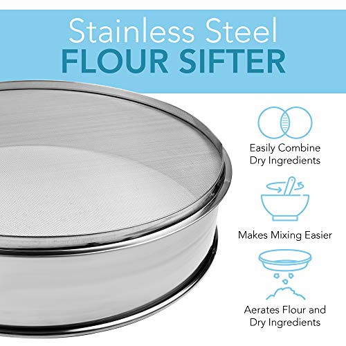 Vollum Stainless Steel Flour Sifter Fine Mesh Round Flour Sieve for Baking 14" Diameter x 2.88" High; 20 Mesh (Hole Size 0.85mm) - size: 14" Dia. x 2.88" High