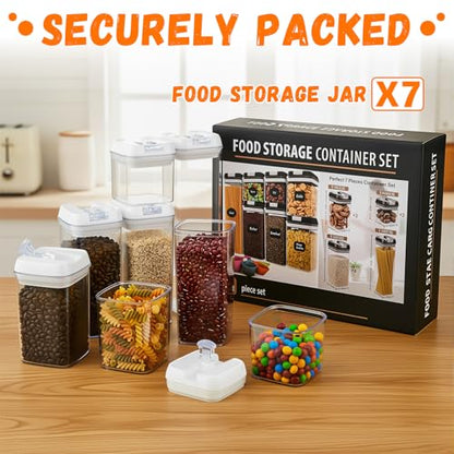 Clear Airtight Food Storage Containers, 7-Piece Set | BPA-free plastic kitchen pantry organization canisters. Stackable design ideal for cereal, spaghetti, and pasta storage.