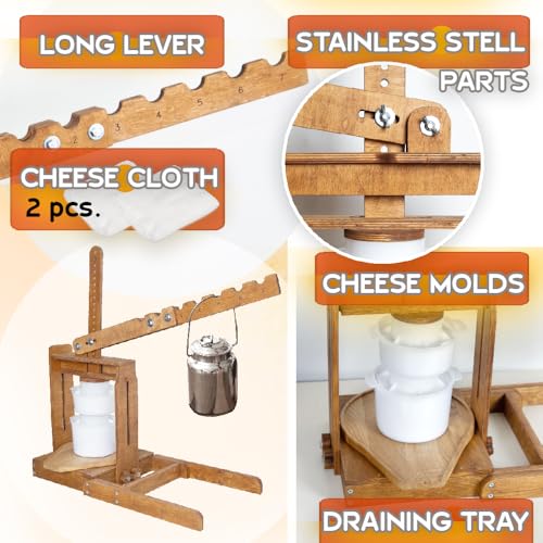 BIG Dutch Wooden Cheese Press - Cheese Making Kit (Wooden Cheese Press with Lever and 2 Cheese Molds 1,3 Qt, 2 Qt, 2 Cheeseclothes)-Cheese Press for Home Cheese Making pressure up to 400 lbs