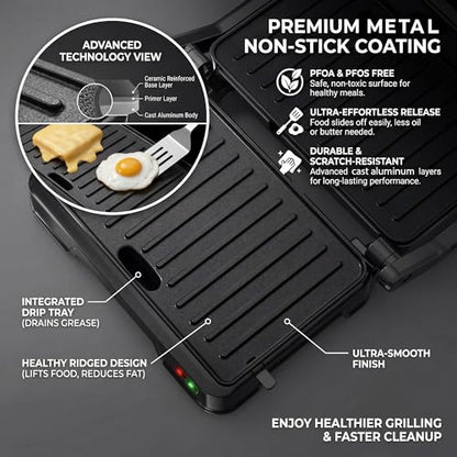 KEINVE Panini Press Grill & Sandwich Maker - 2-Slice, 180° Adjustable Hinge, 900Watt Electric Grill Non-Stick Cast Aluminum Plates for Panini, Steak, Bread & More, Easy to Clean, Perfect for Kitchen - size: 2 Slice