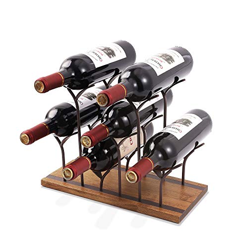 ALLCENER Countertop Bottle Rack, Tabletop Wood Bottle Holder, Hold 6 Bottles, Perfect for Home Decor & Kitchen Storage Rack, Bar, Cellar, Cabinet, Pantry, etc, Wood & Metal (Bronze)