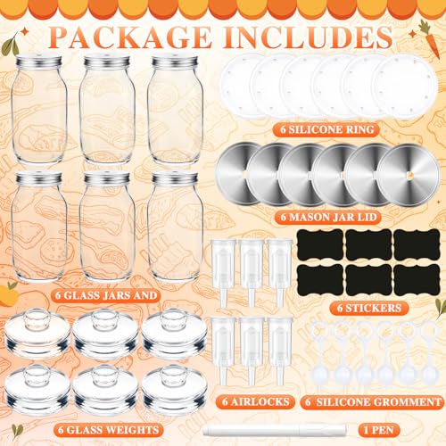 Honeydak 6 Pack Fermentation Kit, 50 oz Fermentation Jars with Fermenting Weights and Airlocks, Stainless Steel Lids, Pickle Jar for Sauerkraut, Vegetables and Other Fermented Foods - size: 50 oz