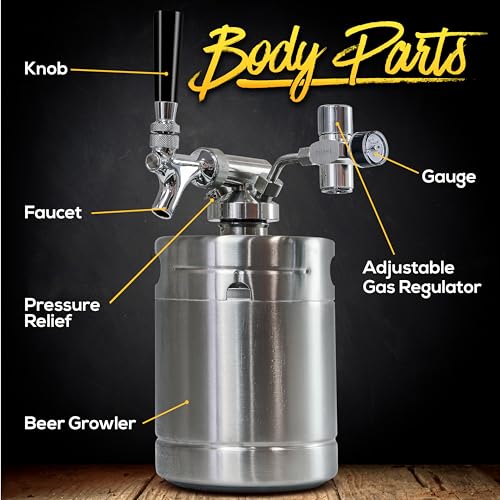 NutriChef Pressurized Beer Mini Keg System, 64oz Stainless Steel Growler Tap, Portable Mini Keg Dispenser Kegerator Kit, Co2 Pressure Regulator Keeps Carbonation for Craft Beer, Draft and Homebrew