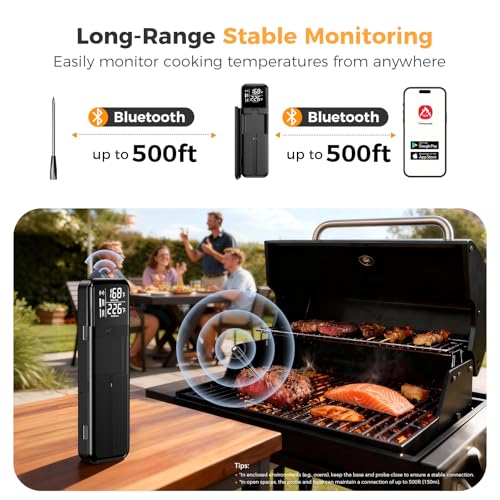 Smart Wireless Meat Thermometer, Digital Cooking Thermometer with Dual High-Accuracy Sensors, Ceramic Heat-Resistant Probe, Instant Read LCD & App Control for Kitchen,BBQ, Oven,Grill,Air Fryer, Black