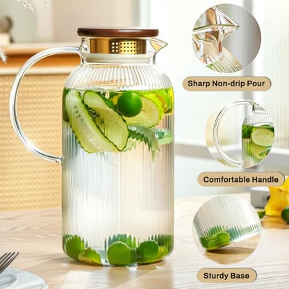 Buaic 2 PACK Glass Pitcher with Lid and Widened Handle, 68oz/ 2 Liter Classic Vertical Stripes Water Pitcher with Wooden Lids,Glass Water Carafe for Cold Brew, Coffee,Iced Sun Tea,Beverage,Hot/Cold - color: Clear, size: 2L-Wooden Lids