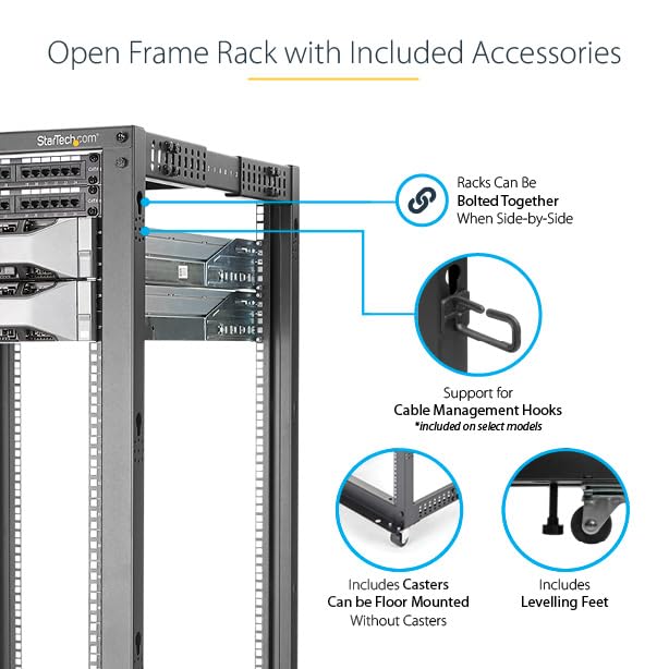 StarTech 25U 4-Post Server Rack, 19in Open Frame Rack with 40in (101cm) Mounting Depth and 1200lb (544kg) Weight Capacity, Mobile or Floor Mount IT Rack - size: 25U