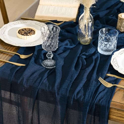 Artoid Mode Boho Cheesecloth Gauze Navy Blue Wedding Table Runner, 120 Inch Seasonal Fabric Kitchen Dining Holiday Table Decor for Home Party Indoor - color: Navy Blue, size: 120"