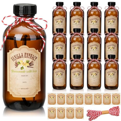 Uiifan 12 Pack Amber Glass Bottle Boston Round Bottles with Caps Refillable Vanilla Extract Jars Gift for Homemade Vanilla Extract Making, Brewing, Kombucha, Oil & Long-term Liquid Storage(16 oz) - size: 16 Ounces