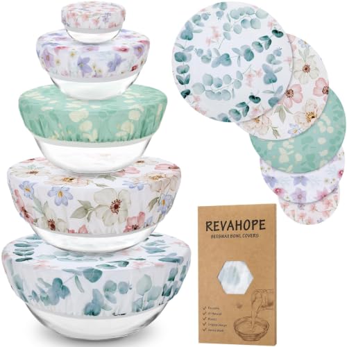 5Pcs Reusable Beeswax Elastic Bowl Covers for Bread Proofing and Food Cover | Cotton Cloth Flexible Beeswax Wraps for Sourdough Cover and Food Storage Shower Caps r Sourdough Bread Supplies Tools - color: Eucalyptus Leaves
