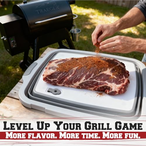 KITCHEN PERFECTION Collapsible XL Smoker & BBQ Prep Tub with Locking Lid & Cutting Board - Grill Caddy Container for Meat Marinating & Brine Perfect For Brisket, Turkey & Ribs - Best Gift For Men - color: Gray