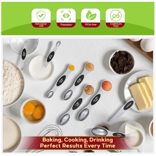 Magnetic Measuring Spoons Set with Strong N45 Magnets, Heavy Duty Stainless Steel Metal, Fits in Most Kitchen Spice Jars for Baking & Cooking, BPA Free, Multicolor, Set of 8 with Leveler（Black) - color: Magnetic Measuring Spoons Set Black