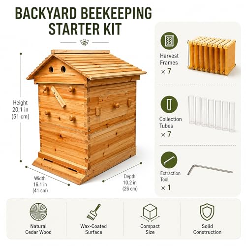 Wooden Beehive Starter Kit with Honey Collection System & Frames, Bee Hive Box with Observation Window, Beginner Friendly Backyard Beekeeping Kit for Honey Harvesting, 24"×22"×30"