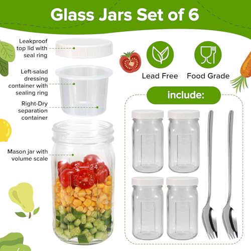 4 Pack Glass Salad Mason Jars with Lids Meal Prep 32 oz Wide Mouth | Mason Jars Salad Container for Lunch With Long Sporks-Leak-proof & Separate Compartments for Dressing and Dry Ingredients