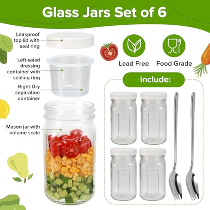 4 Pack Glass Salad Mason Jars with Lids Meal Prep 32 oz Wide Mouth | Mason Jars Salad Container for Lunch With Long Sporks-Leak-proof & Separate Compartments for Dressing and Dry Ingredients