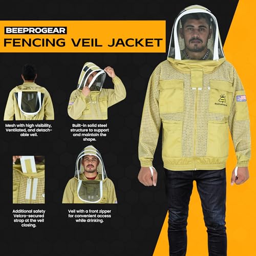 3-Layer Ventilated Mesh Bee Jacket for Men & Women with Veils Sting-Proof Beekeeping Jacket with Leather Gloves & Bag - color: Brown Fencing Veil, size: Small