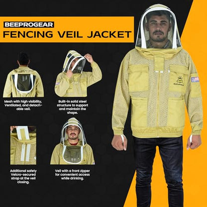 3-Layer Ventilated Mesh Bee Jacket for Men & Women with Veils Sting-Proof Beekeeping Jacket with Leather Gloves & Bag - color: Brown Fencing Veil, size: Medium