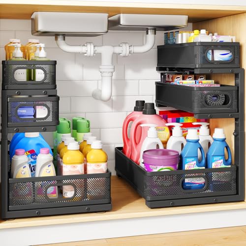 Under Sink Organizer, 2-Pack 3-Tier Thickened Metal Pull out Cabinet Organizer Shelf, Height Adjustable Slide out Storage Drawer Rack for Kitchen Bathroom Pantry Laundry Home Office Organization - color: Black, size: 2-Pack