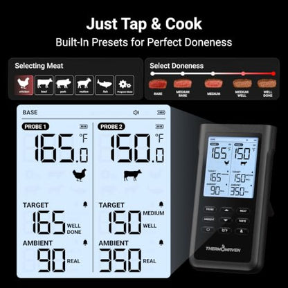 ThermoMaven Sub-1G Wireless Meat Thermometer, No App Needed, 2 Probes | 3000FT Long Range, Digital Smart Base, 6 Sensor NIST Accuracy, IPX8, BBQ Smoker Grill Oven Brisket Steak Turkey Pork Roast - color: Black