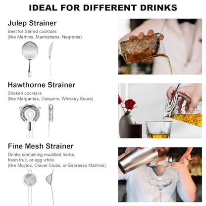 3-in-1 Cocktail Strainer Set, Includes Julep, Hawthorne, Fine Mesh Strainer, Food Grade 304 Stainless Steel, Complete Set Covering All Cocktail Straining Techniques, Essential Home Bar Tools