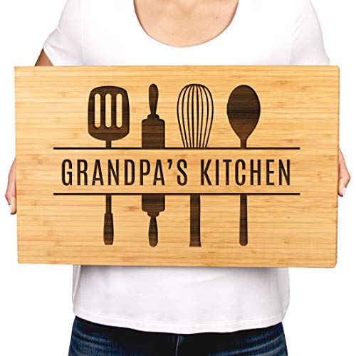 Andaz Press Large Bamboo Wood Cutting Board Gift, 17.75 x 11-inch, Grandpa's Kitchen, Utensils Graphic, 1-Pack, Laser Engraved Serving Chopping Board Christmas Birthday Chef Kitchen Ideas - color: Grandpa