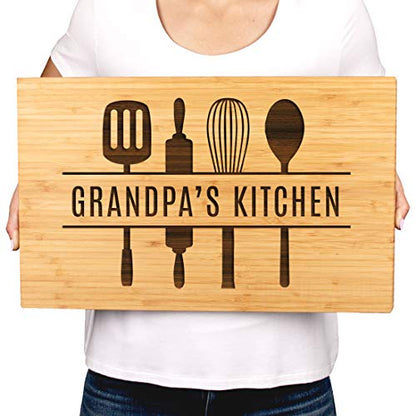 Andaz Press Large Bamboo Wood Cutting Board Gift, 17.75 x 11-inch, Grandpa's Kitchen, Utensils Graphic, 1-Pack, Laser Engraved Serving Chopping Board Christmas Birthday Chef Kitchen Ideas - color: Grandpa