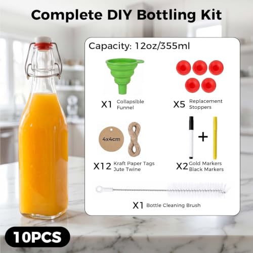 Ruckae Square Swing Top Glass Bottles with Lids Kombucha Coquito Flip Top Glass Bottle for Syrup Vanilla Extract Brew Beer Kefir Air Tight Bottles for Gift (12 oz 10 pack) - size: 12 oz 10 pack