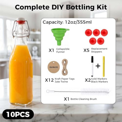 Ruckae Square Swing Top Glass Bottles with Lids Kombucha Coquito Flip Top Glass Bottle for Syrup Vanilla Extract Brew Beer Kefir Air Tight Bottles for Gift (12 oz 10 pack) - size: 12 oz 10 pack